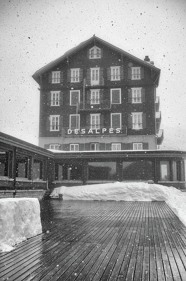 Historic Hotel Bellevue des Alpes Kleine Scheidegg Jungfrau Switzerland Black and White Photograph by Shawn OBrien