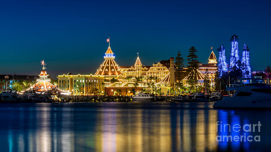 Historic Hotel del Coronado decorated with holiday lights during