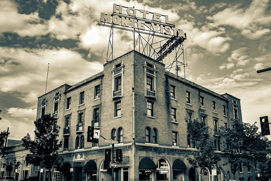Black And White Photograph - Historic Hotel Monte Vista in Flagstaff Arizona in Sepia - Route 66 by Gregory Ballos