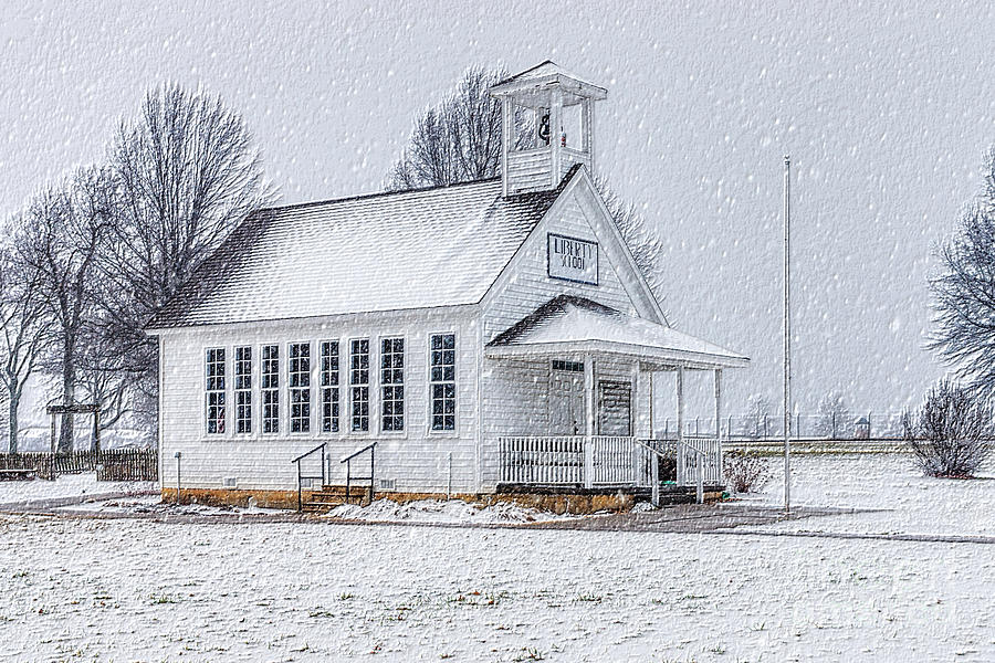 Historic Liberty Schoolhouse Winter Painterly Mixed Media by Jennifer White