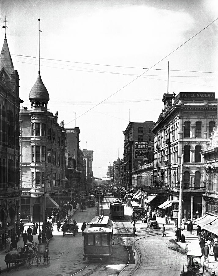Historic Los Angeles Looking South on Spring St from First St Trolleys and Horse Drawn Carts ca 1905 Photograph by Peter Ogden