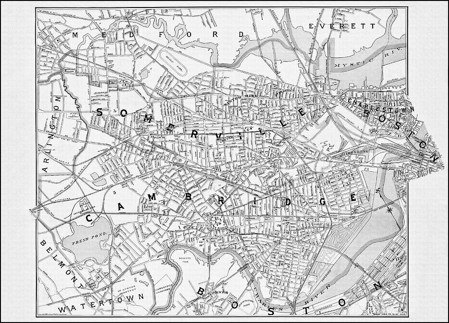 Historic Map Cambridge and Somerville Massachusetts 1892 Black and White Photograph by Carol Japp