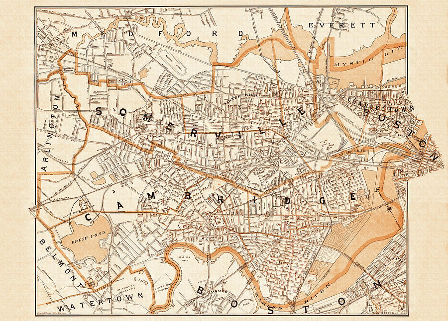 Historic Map Cambridge and Somerville Massachusetts 1892 Sepia  Photograph by Carol Japp