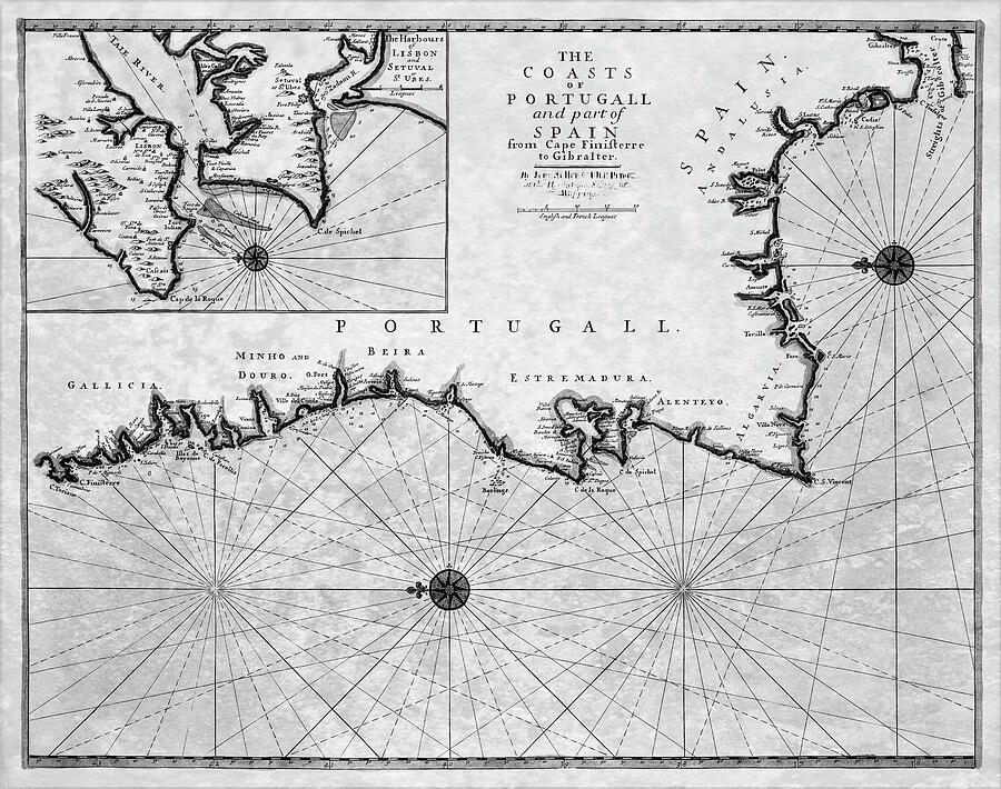 Historic Map Coasts of Portugal and Spain 1702 Black and White