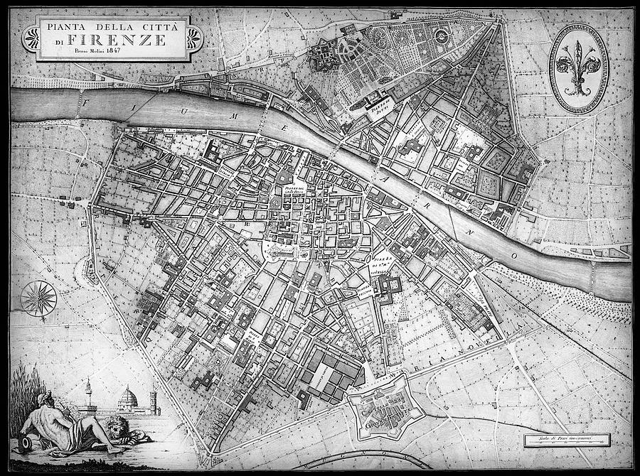 Historic Map Florence Italy 1847 Black and White  Photograph by Carol Japp