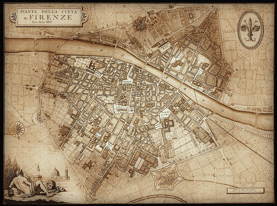 Historic Map Florence Italy 1847 Sepia  Photograph by Carol Japp