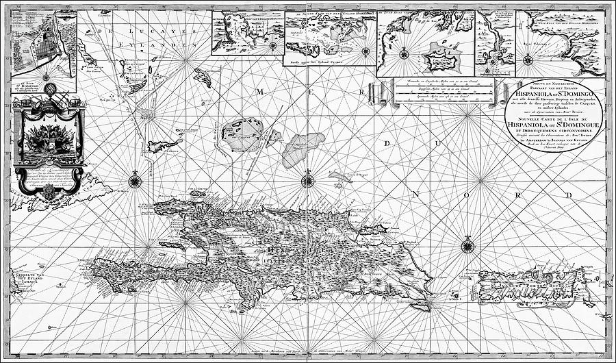Vintage Photograph - Historic Map Hispaniola West Indies 1720 Black and White  by Carol Japp