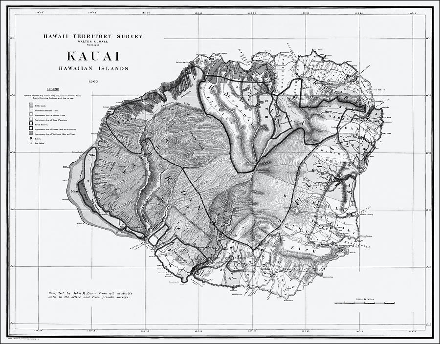 Vintage Photograph - Historic Map Kauai Hawaiian Islands 1903 Black and White  by Carol Japp