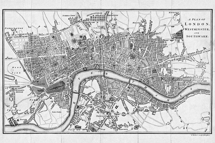 Historic Map London Westminster and Southwark 1807 Black and Whi ...