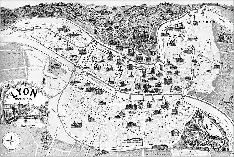 Historic Map Lyon France 1894 Black and White Drawing by Carol Japp Historic Map Lyon France 1894 Black and White Drawing by Carol Japp