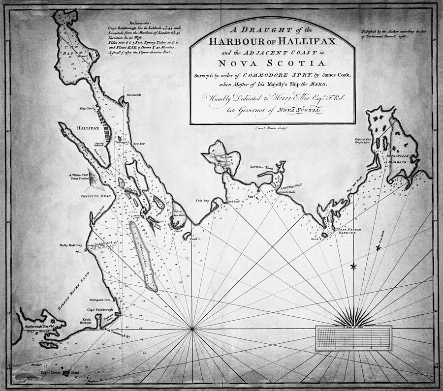 Vintage Photograph - Historic Map of Halifax Nova Scotia Harbour 1766 Black and White by Carol Japp