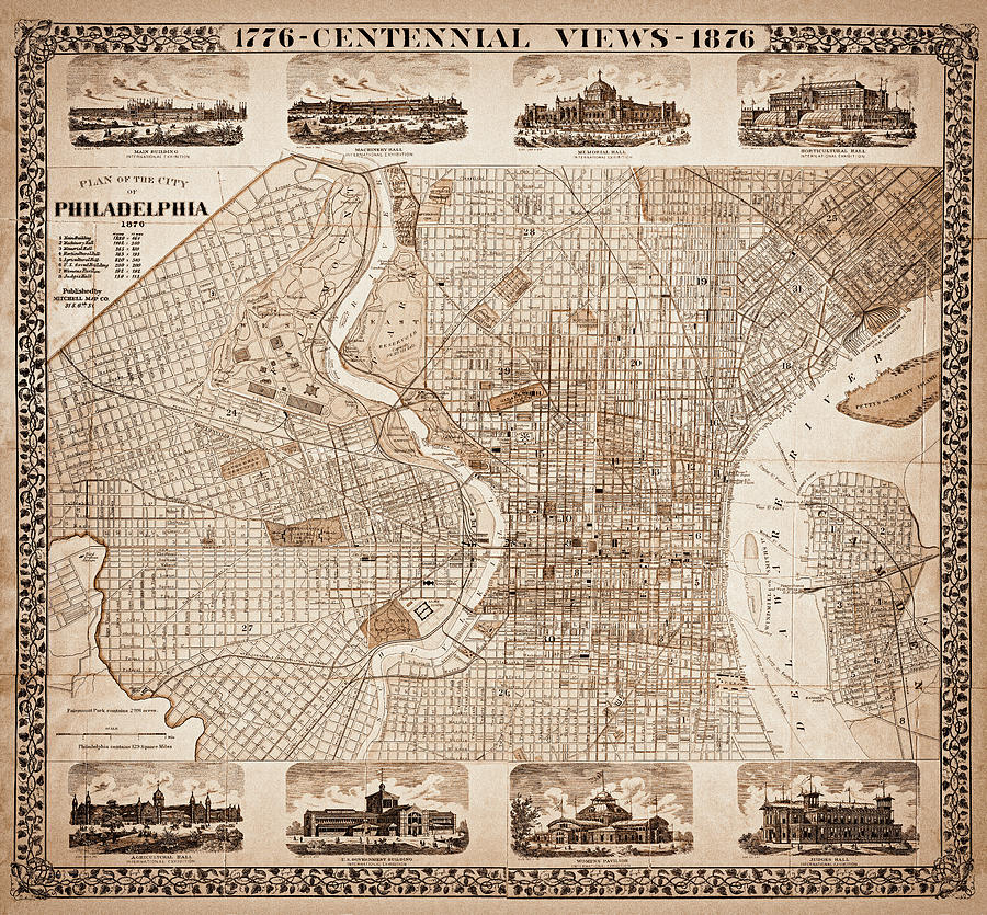 Historic Map of Philadelphia Pennsylvania  1876 Sepia  Photograph by Carol Japp