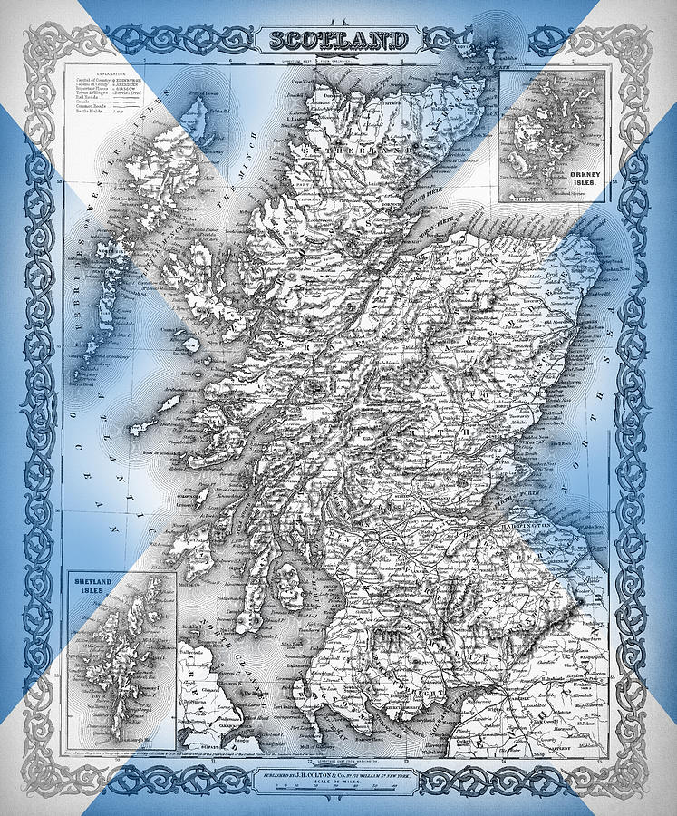 Vintage Photograph - Historic Map of Scotland 1855 Saltire  by Carol Japp