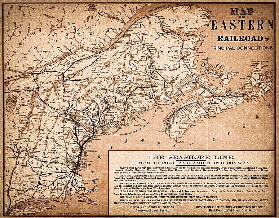 Boston Photograph - Historic Map of The Eastern Railroad 1880 Sepia  by Carol Japp