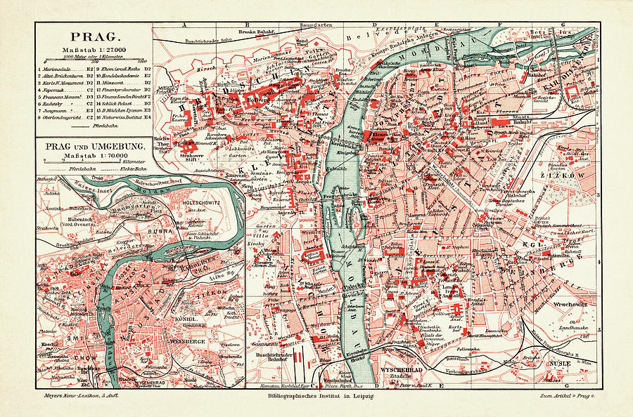 Vintage Photograph - Historic Map Prague Czech Republic 1894  by Carol Japp