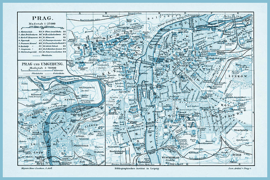 Vintage Photograph - Historic Map Prague Czech Republic 1894 Cool Blue  by Carol Japp