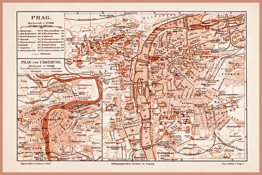 Vintage Photograph - Historic Map Prague Czech Republic 1894 Sepia  by Carol Japp