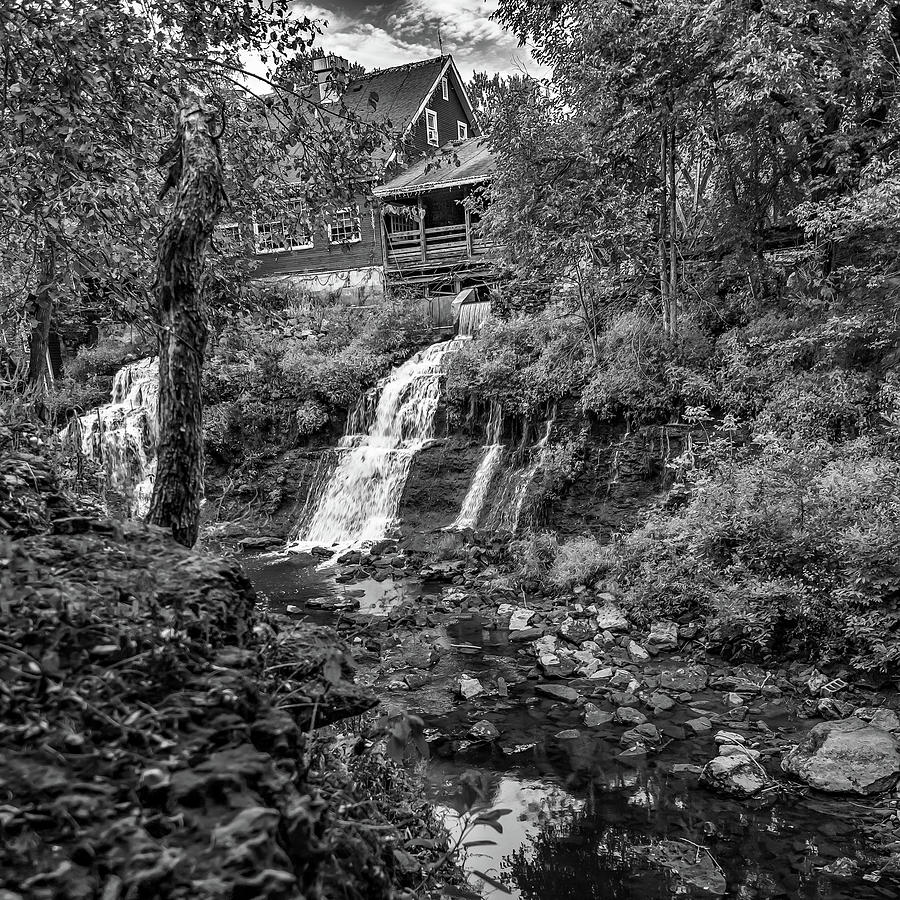 Black And White Photograph - Historic Ohio Clifton Water Mill - Black and White by Gregory Ballos