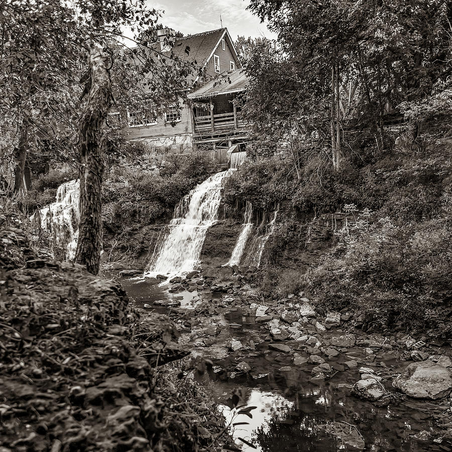 Black And White Photograph - Historic Ohio Clifton Water Mill - Sepia Edition by Gregory Ballos