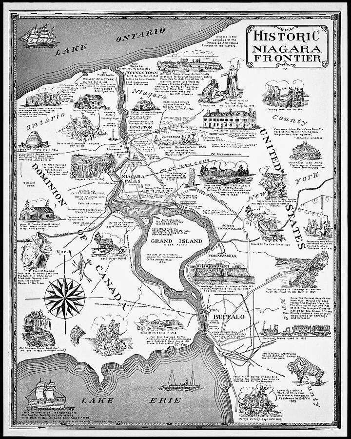 Historic Pictorial Map Niagara Frontier 1931 Black and White Drawing by Carol Japp Historic Pictorial Map Niagara Frontier 1931 Black and White Drawing by Carol Japp