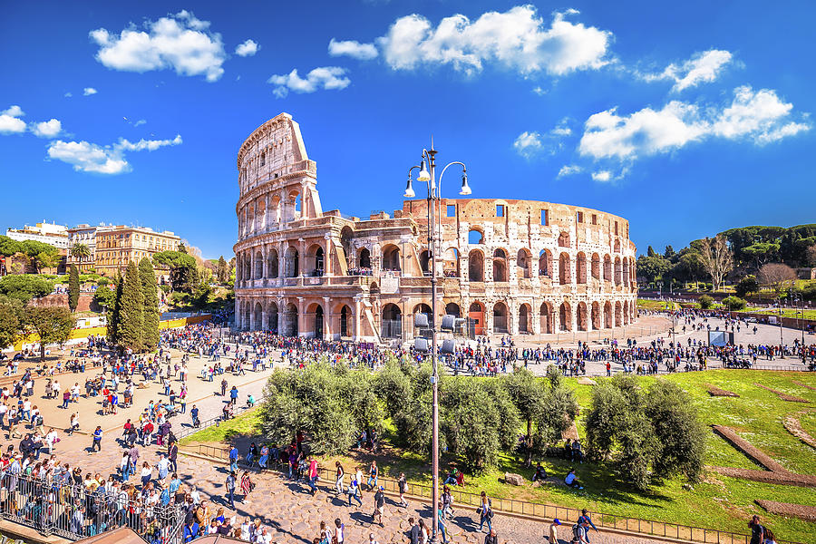 Historic Roman amphitheater in Rome scenic springtime tourist ru ...