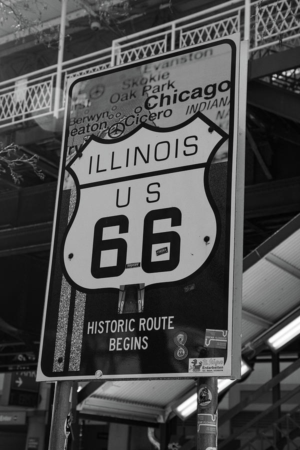 Historic Route 66 Begins sign in Chicago Illinois in black and white Photograph by Eldon McGraw