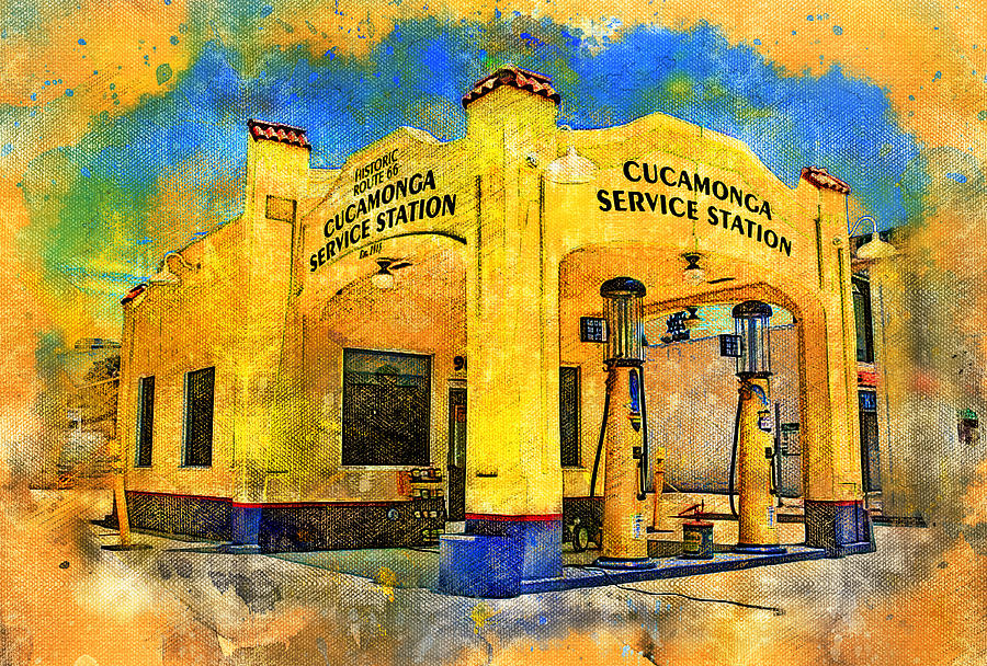 Historic Route 66 Cucamonga Service Station, in Rancho Cucamonga, California Digital Art by Nicko Prints