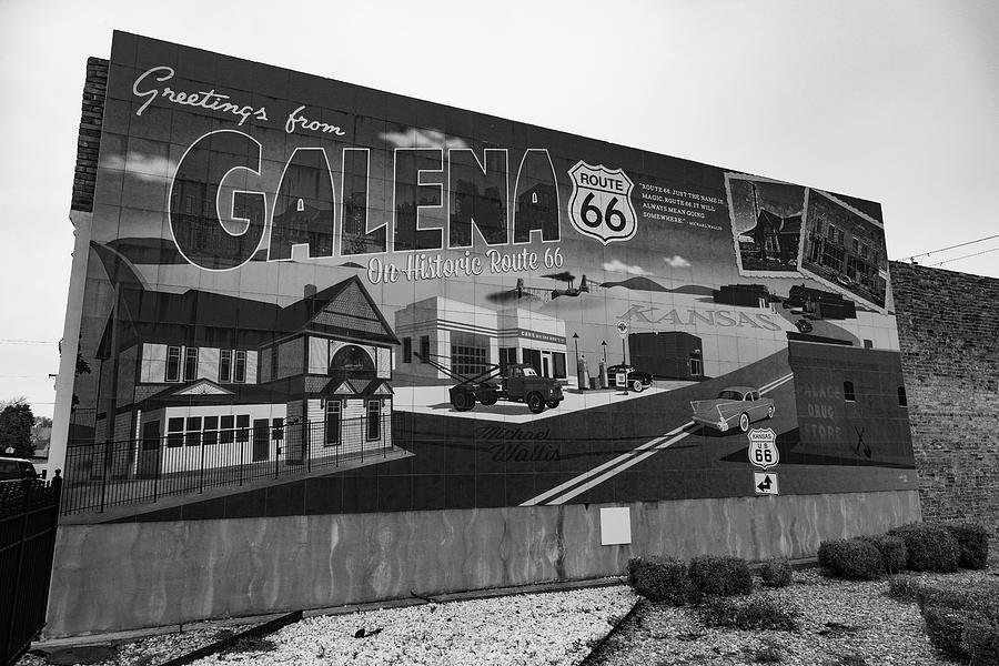 Historic Route 66 mural in Galena Kansas in black and white Photograph by Eldon McGraw