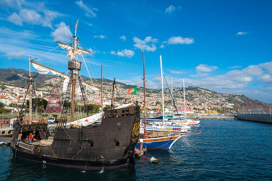 historic Santa Maria replica ship for tourist tours in harbor of Madeira Portugal Photograph by Kerrick
