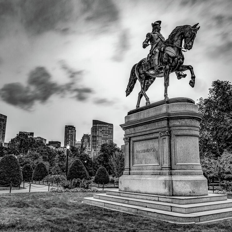 Historic Washington Statue Within Boston Public Garden - Black And White Photograph by Gregory Ballos