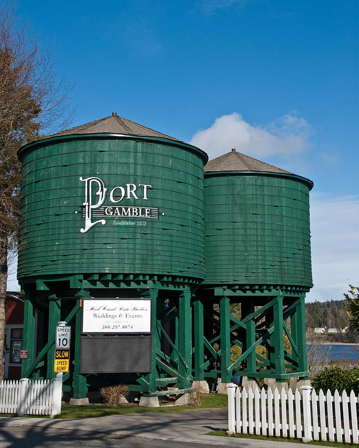 Historic Water Towers Greet Vistors to Port Gamble Photograph by JeffGoulden