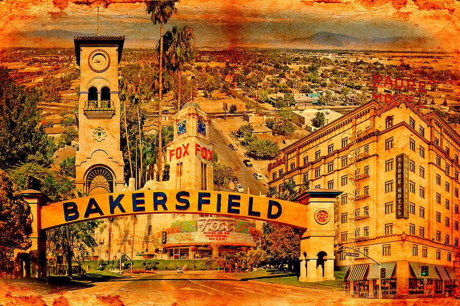 Historical buildings of Bakersfield, California, blended on old paper Digital Art by Nicko Prints