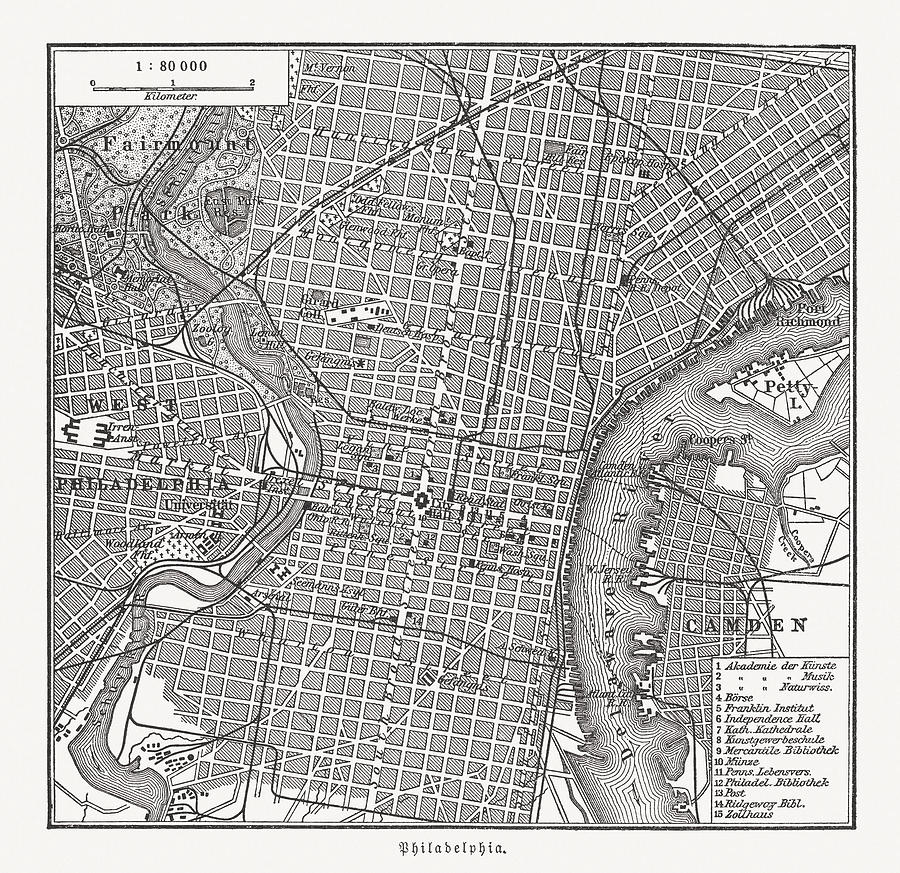 Historical city map of Philadelphia, Pennsylvania, USA, wood engraving, published in 1897 Drawing by Zu_09