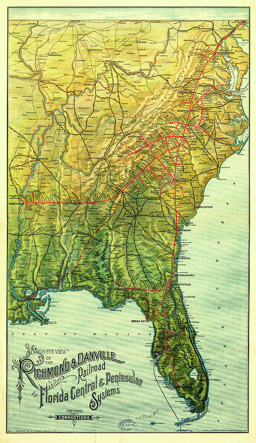 Historical Map Birds-eye-view of the Richmond and Danville Railroad Drawing by Joseph S Giacalone
