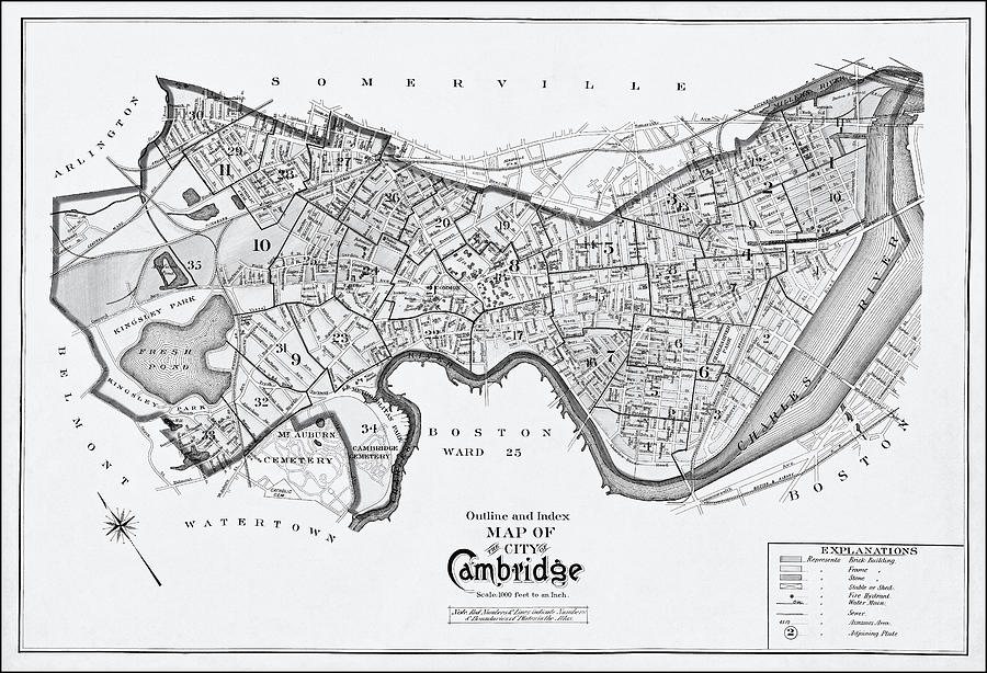 Cambridge Photograph - Historical Map City of Cambridge Massachusetts 1903 Black and White by Carol Japp