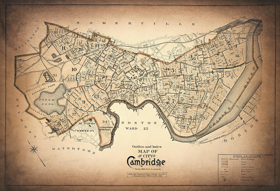 Historical Map City of Cambridge Massachusetts 1903 Sepia  Photograph by Carol Japp