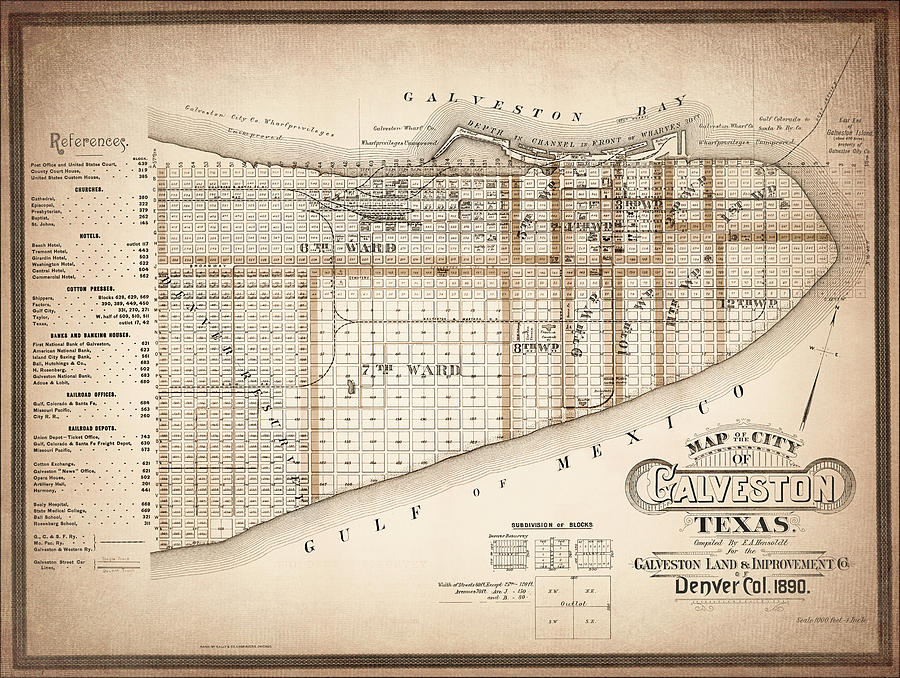 Historical Map City of Galveston Texas 1890 Sepia Photograph by Carol ...