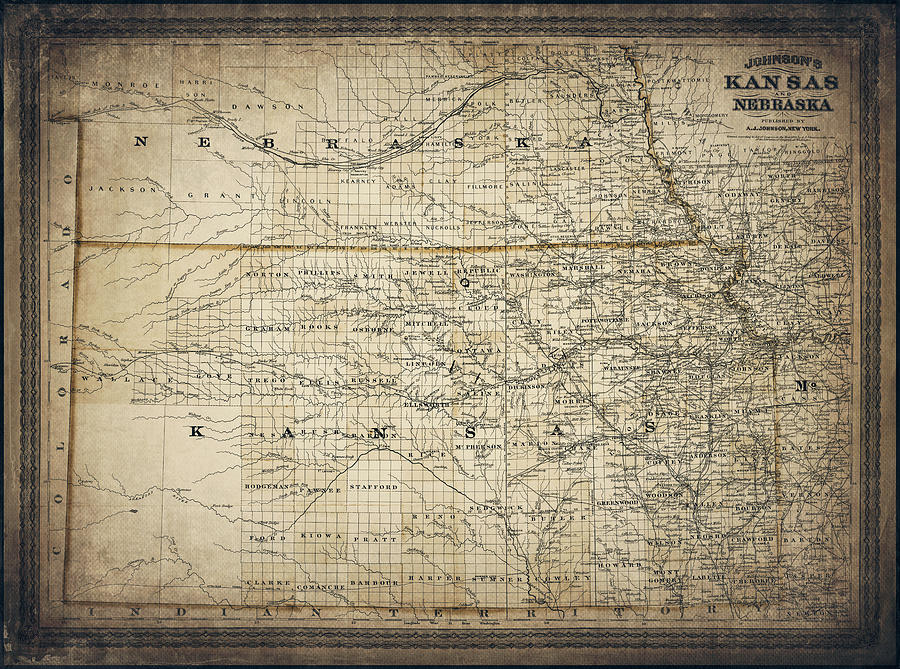 Historical Map Kansas and Nebraska 1870 Sepia  Photograph by Carol Japp