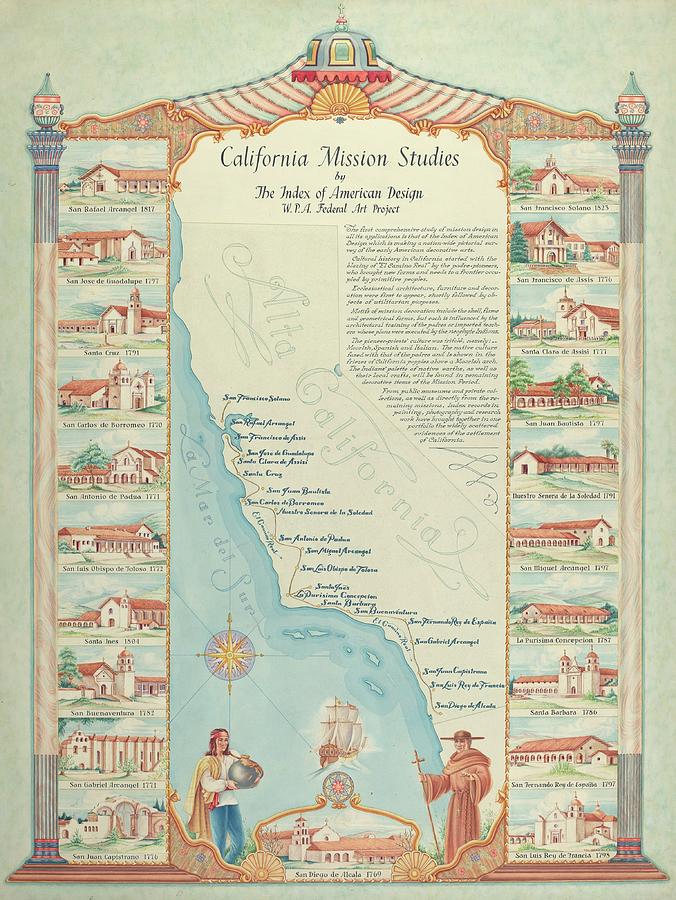 Historical map of California missions Painting by Index of American ...