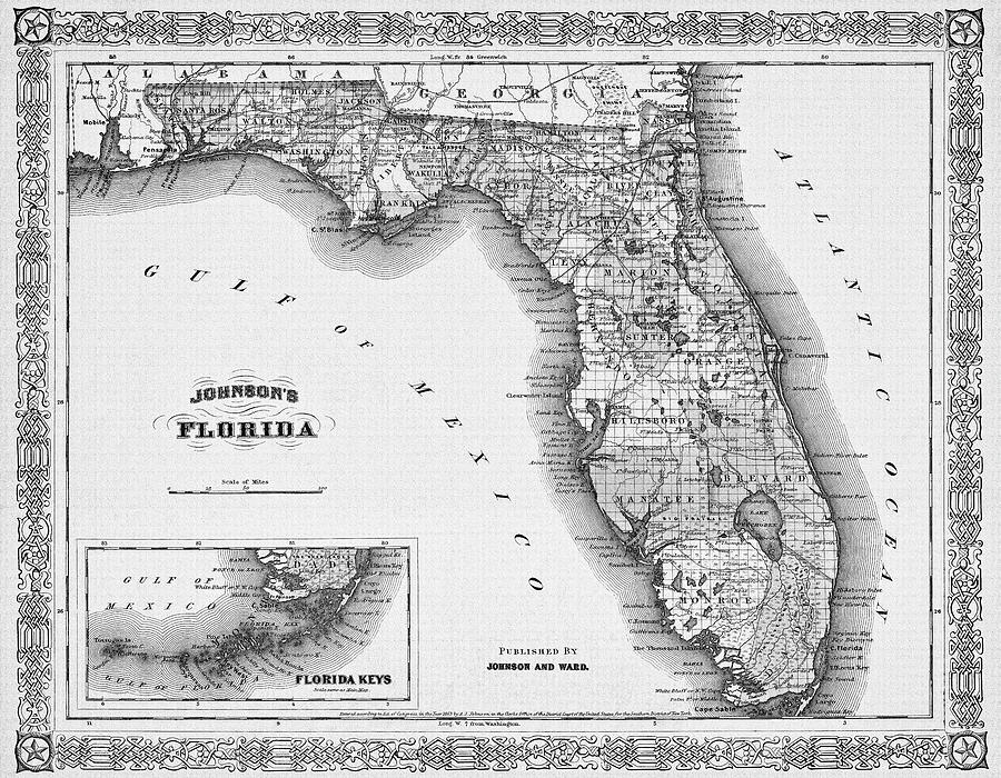 Historical Map of Florida 1866 Black and White  Photograph by Carol Japp