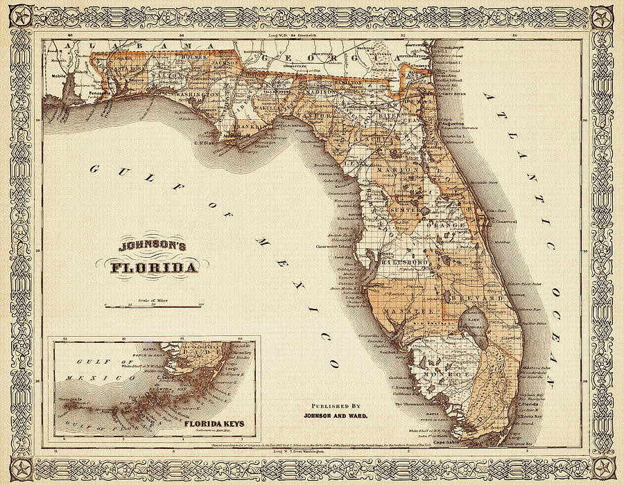 Historical Map of Florida 1866 Sepia  Photograph by Carol Japp