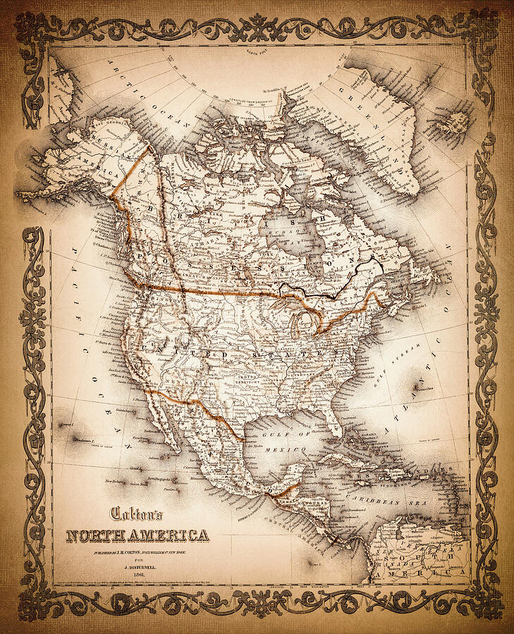 Historical Map Of North America 1861 Sepia Photograph By Carol Japp ...