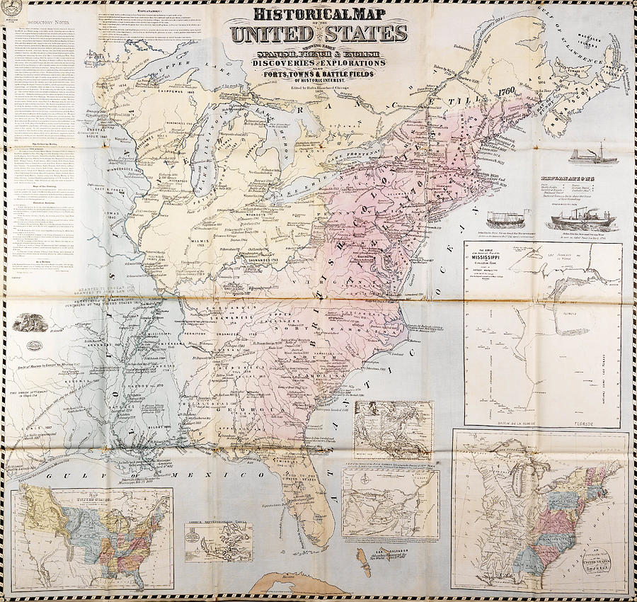 Historical Map of the United States Showing Early Spanish French and ...