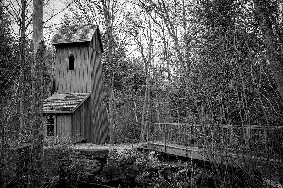 Sheave Tower in the Woods, Kitchener, Ontario BW Photograph by John Twynam