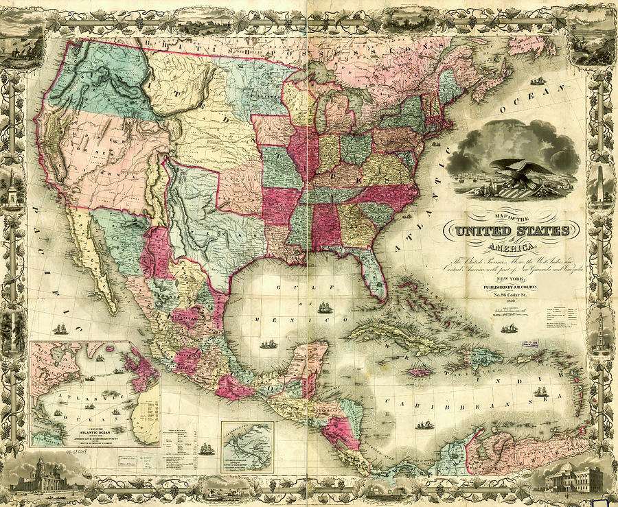 Historical Vintage Map USA 1850 Drawing by Joseph S Giacalone - Fine ...