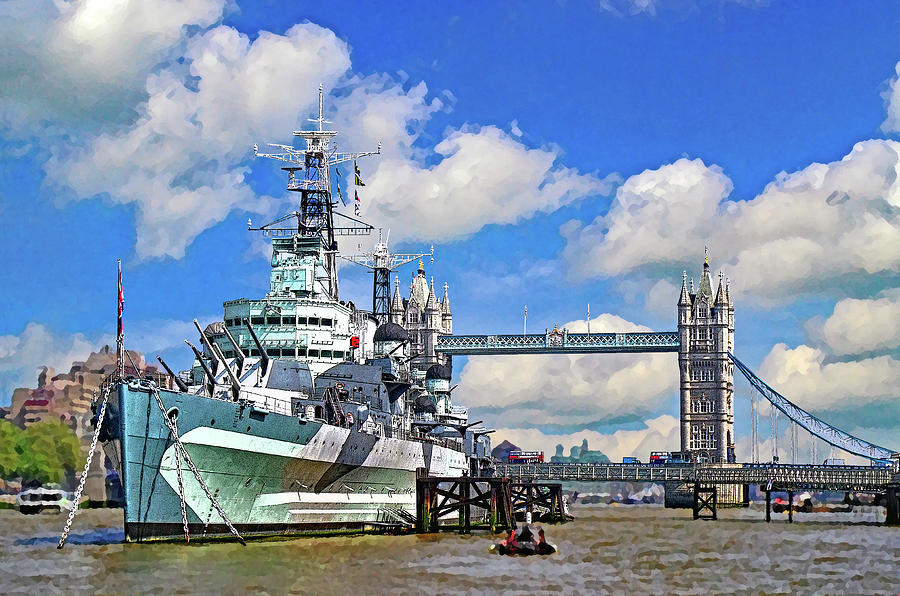 London Mixed Media - HMS Belfast and Tower Bridge by Peter Allen
