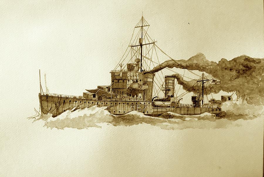 HMS Fearless grey scale Painting by Ray Agius