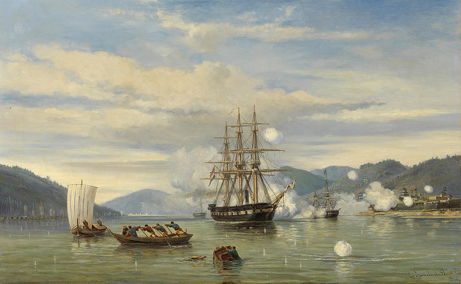 HNLMS Steam Warship Medusa Forcing Passage through the Shimonoseki Strait Painting by Jacob Eduard van Heemskerck van Beest