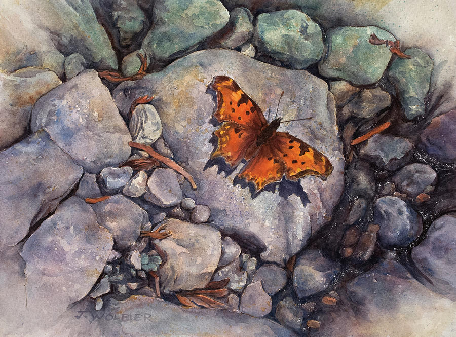 Hoary Comma Butterfly Painting by Joan Wolbier