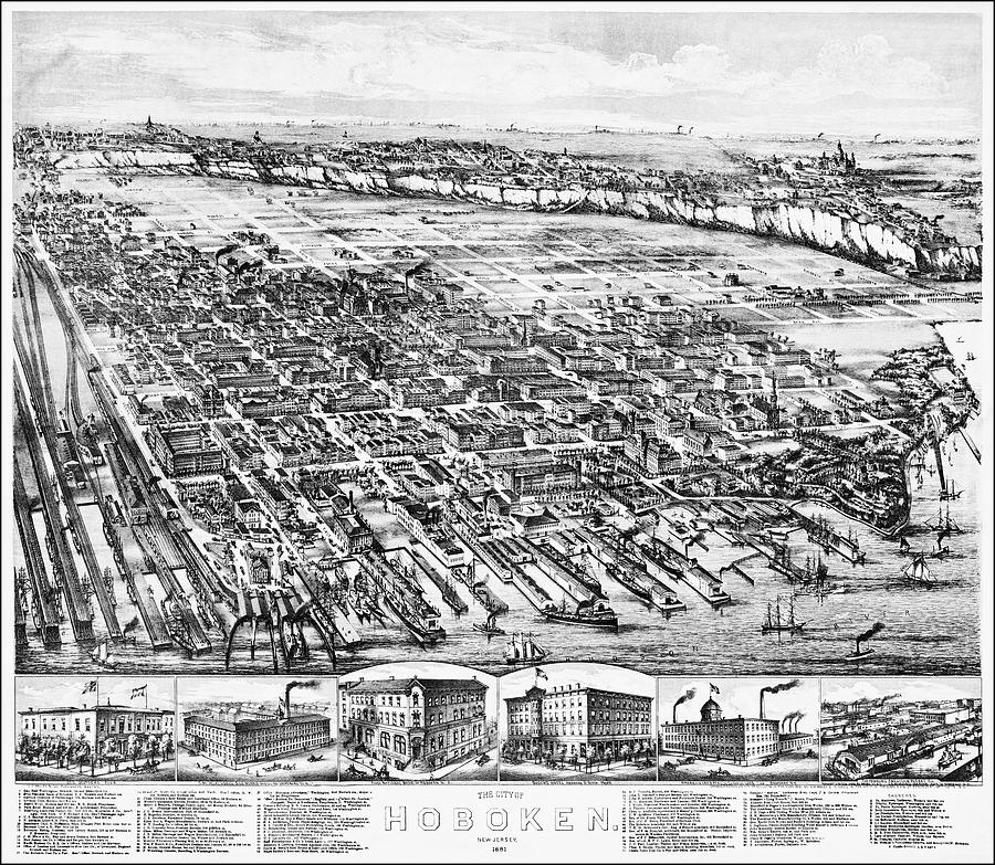 Hoboken New Jersey Vintage Map Birds Eye View 1881 Black and White Photograph by Carol Japp